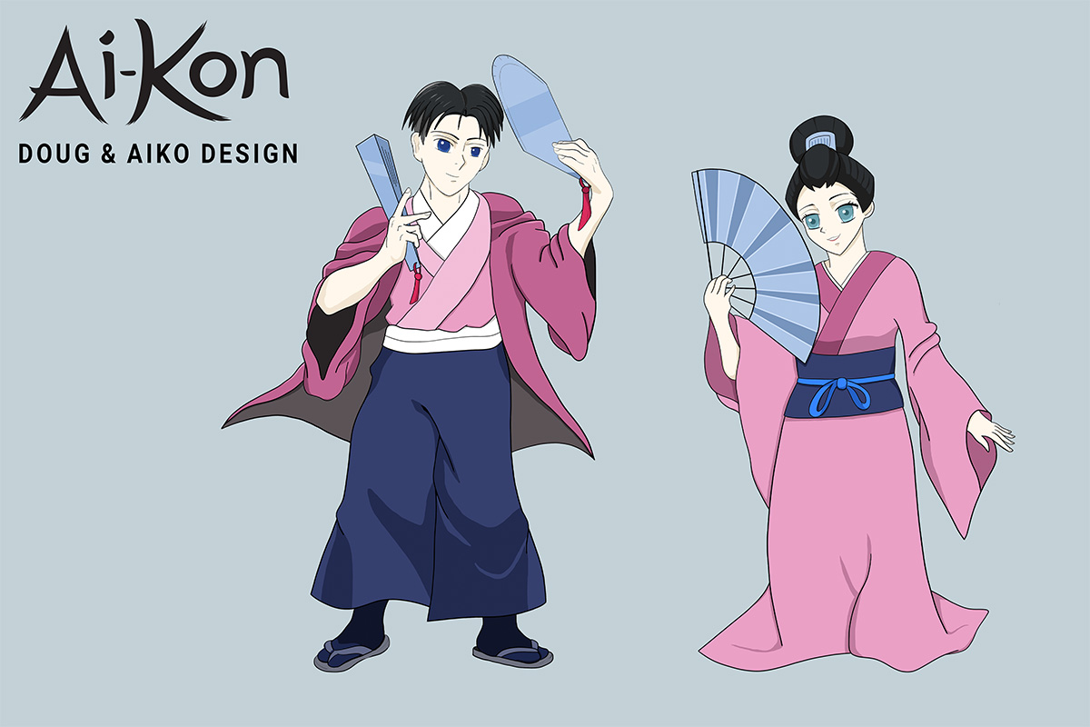 2 characters wearing traditional Japanese wardrobe drawn an anime art style
